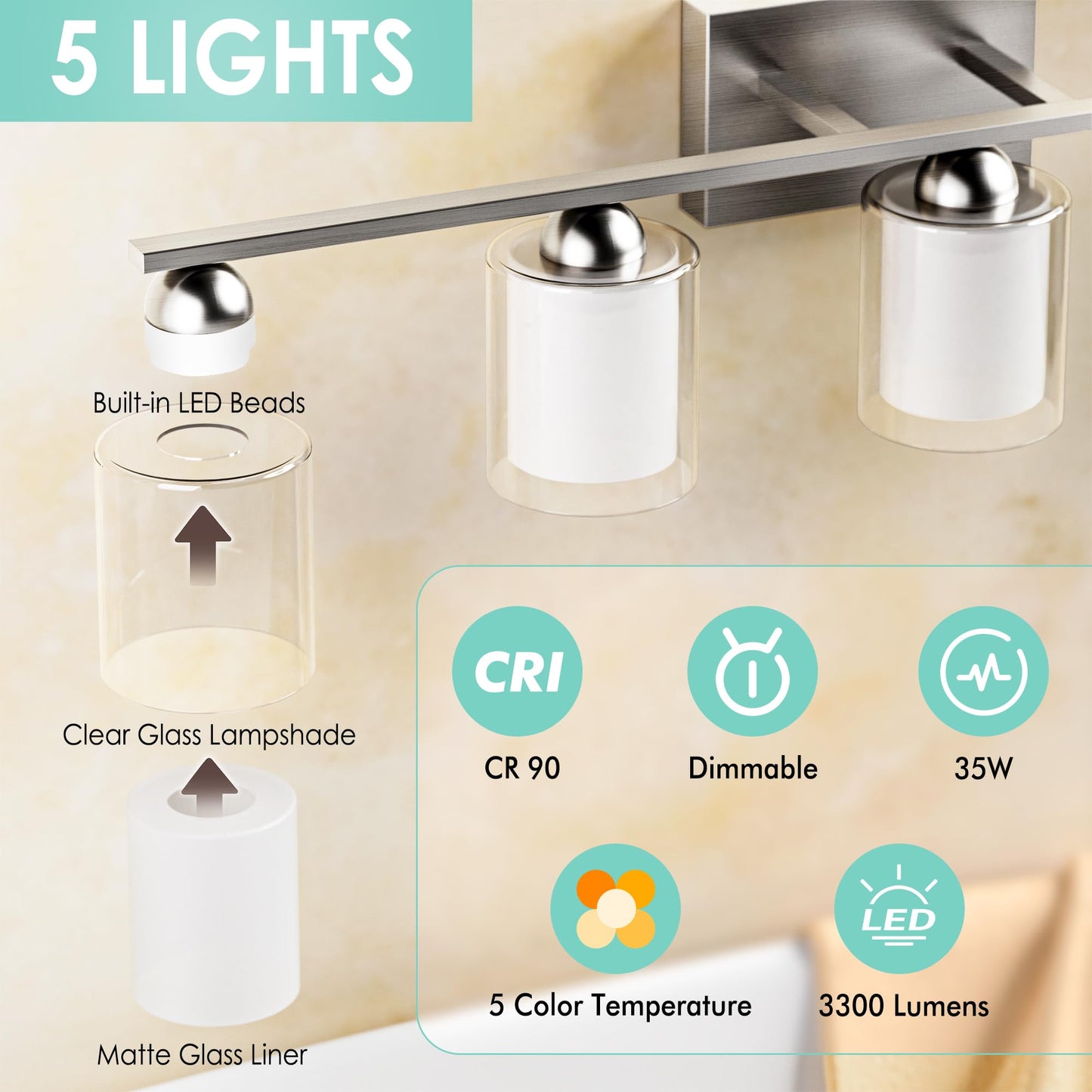Quntis 5 Light Brushed Nickel Bathroom Light Fixtures  Modern Vanity Lights Over Mirror With 5 Colors & Stepless Dimmable  33 Inch Led Bathroom Lighting With Milk White Frosted Glass (Bulbs Included)
