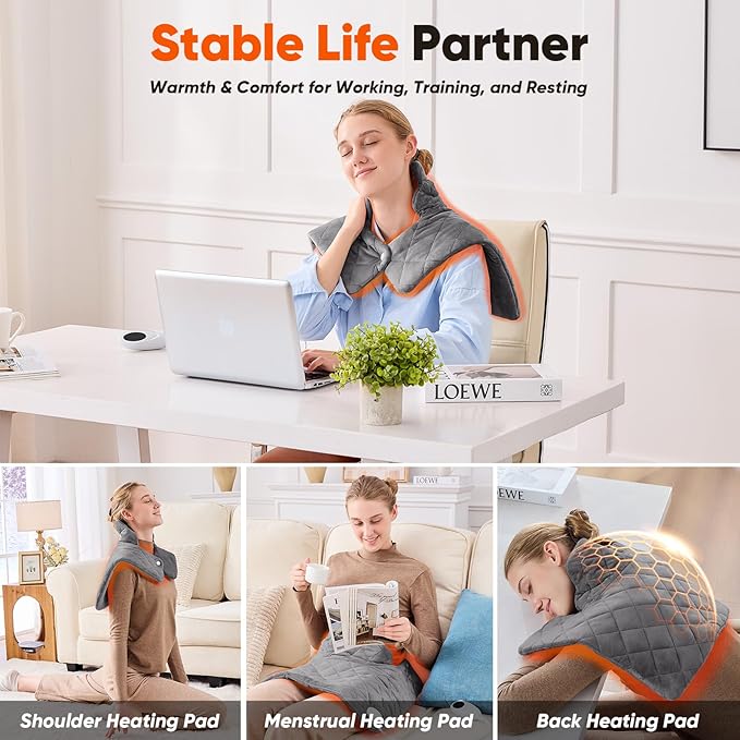 3 lb Weighted Heating Pad for Neck Shoulders and Back, Valentines Day Gifts for Him Her, Birthday Gifts for Men Women Dad, Instant Electric Heated Blanket with 9 Heat Options 4 Auto-Off Timer, Grey