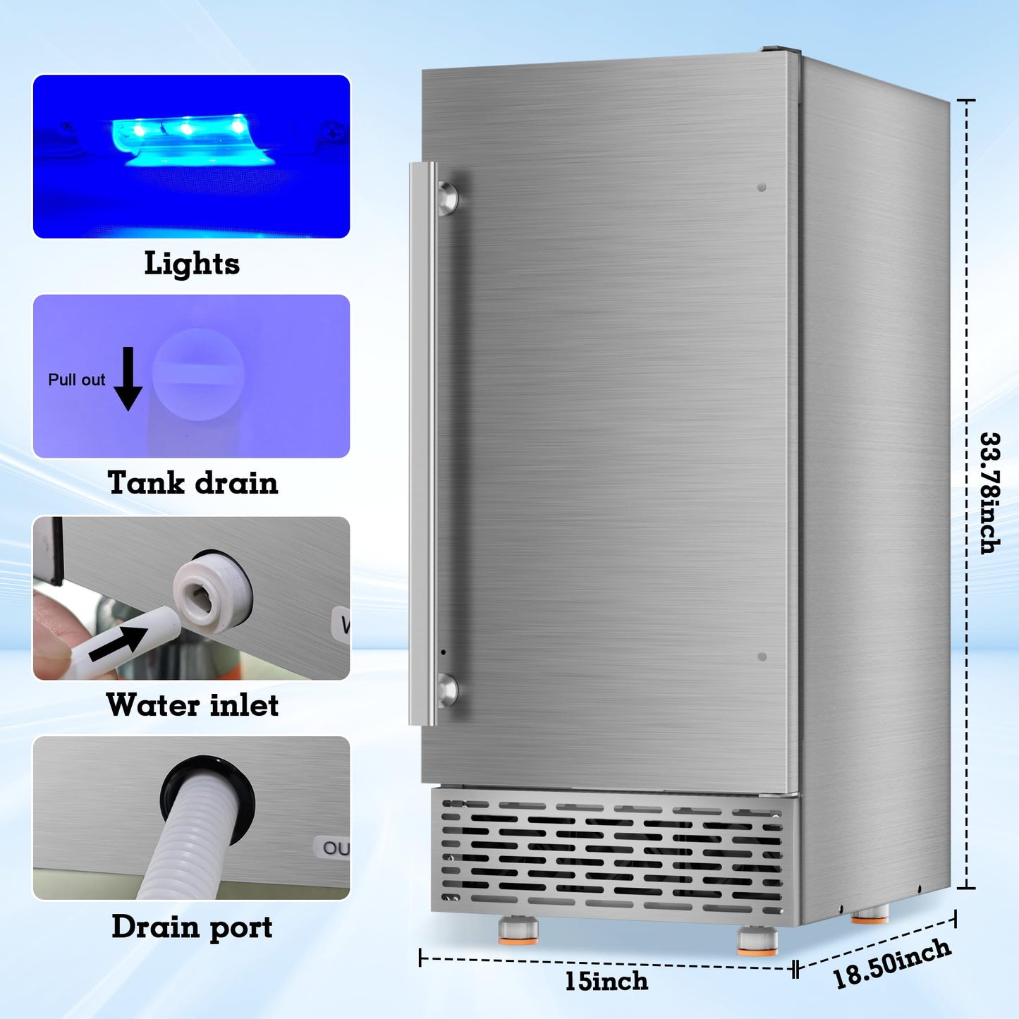 Ice Maker Commercial Under Counter Ice Maker Machine 88Lbs/Day with 55Lbs Storage, 15" W Stainless Steel Freestanding Ice Maker 40Ice/Cycle, Self-Cleaning for Home Restaurants Bars