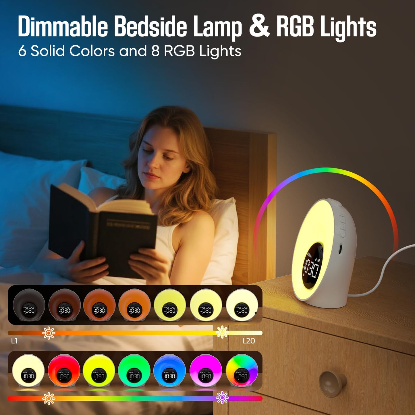 Wake Up Light Sunrise Alarm Clock, White Noise Sleep Sound Machine with 30 Soothing Sounds, Night Lights, Dual Alarms, Snooze, Timer, Bedside Lamp, Christmas Gift for Women, Kids, Heavy Sleepers