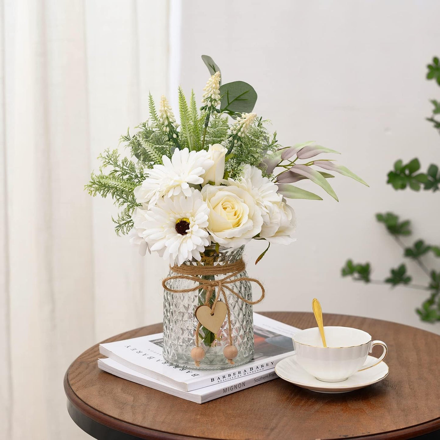 Artificial White Flowers with Vase, Fake Flowers Arrangement for Home Decor, Faux Flowers for Farmhouse Coffee Table Decor, House Kitchen Centerpiece Table Decorations