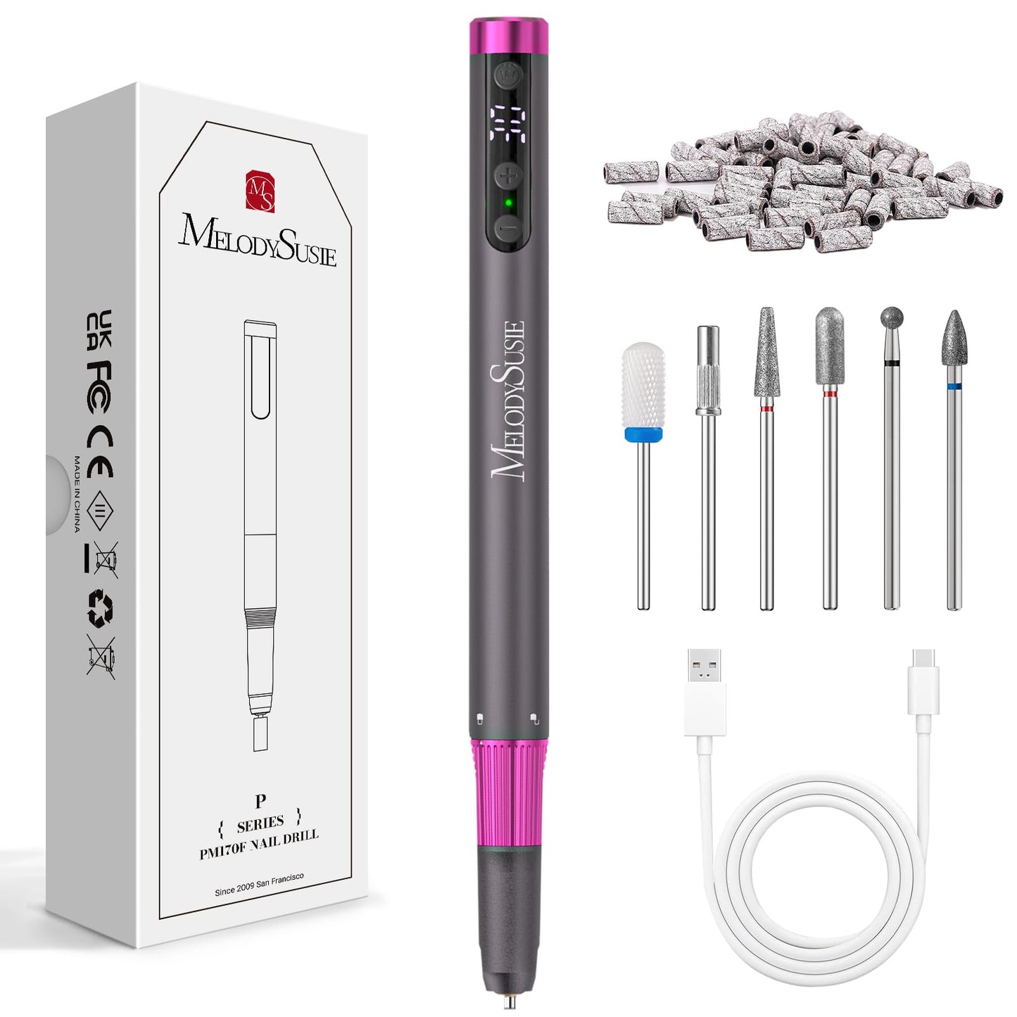 MelodySusie Pen-Shaped Ultra-Slim Cordless Nail Drill,PM180G 30000RPM Portable Rechargeable Electric File with Rotary Lock Desig
