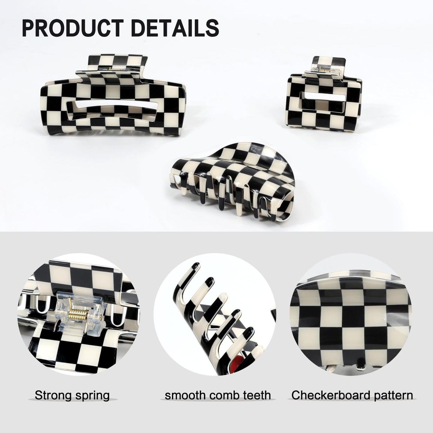 3 PCS Checkered Hair Claw Clips for Thick and Thin Hair Large Hair Clips Square Y2K Hair Checker Barrettes Black And White Check