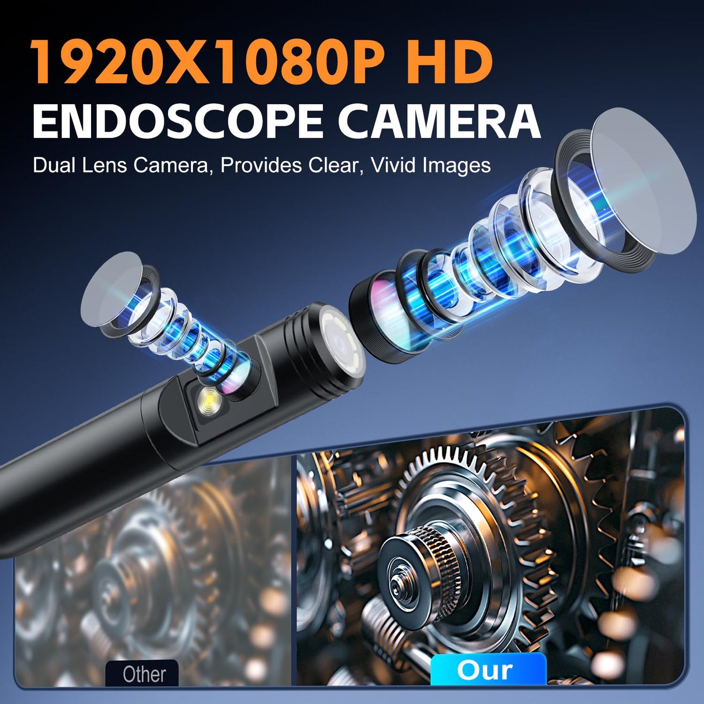 VXGDOE Dual Lens Endoscope Camera with Light, 1920P HD Borescope Camera with 4.3" LCD, 8 Adjustable LEDs, 16.4FT Semi-Rigid Cable & 32GB Card-IP67 Waterproof Inspection Borescope for Sewer/Drain/Pipe
