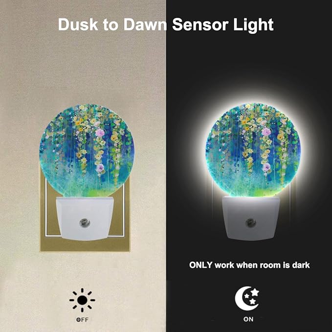 EKOBLA Ivy Flowers LED Night Light Spring Summer Green Floral Ivy Plant Wisteria Blossoms Dusk to Dawn Plug-in Nightlights Auto Sensor for Home Indoor Bathroom Hallway Kitchen