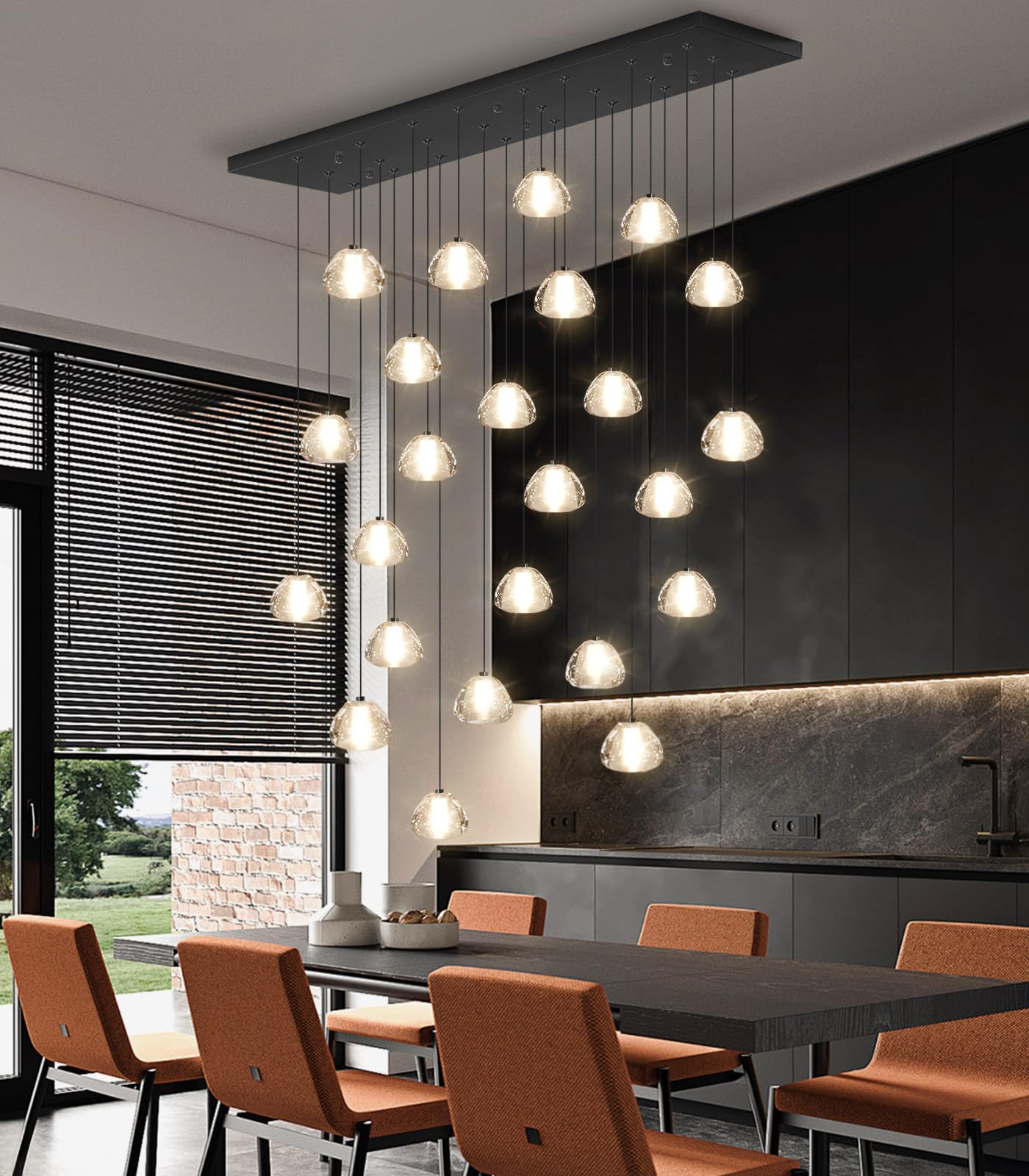 Dolria 24-Lights Modern Rectangular Crystal Chandelier Led Raindrop Ceiling Pendant Light Crystal Lighting Fixture For Living Room Hotel Staircase Hallway Foyer Entryway Bedroom Black