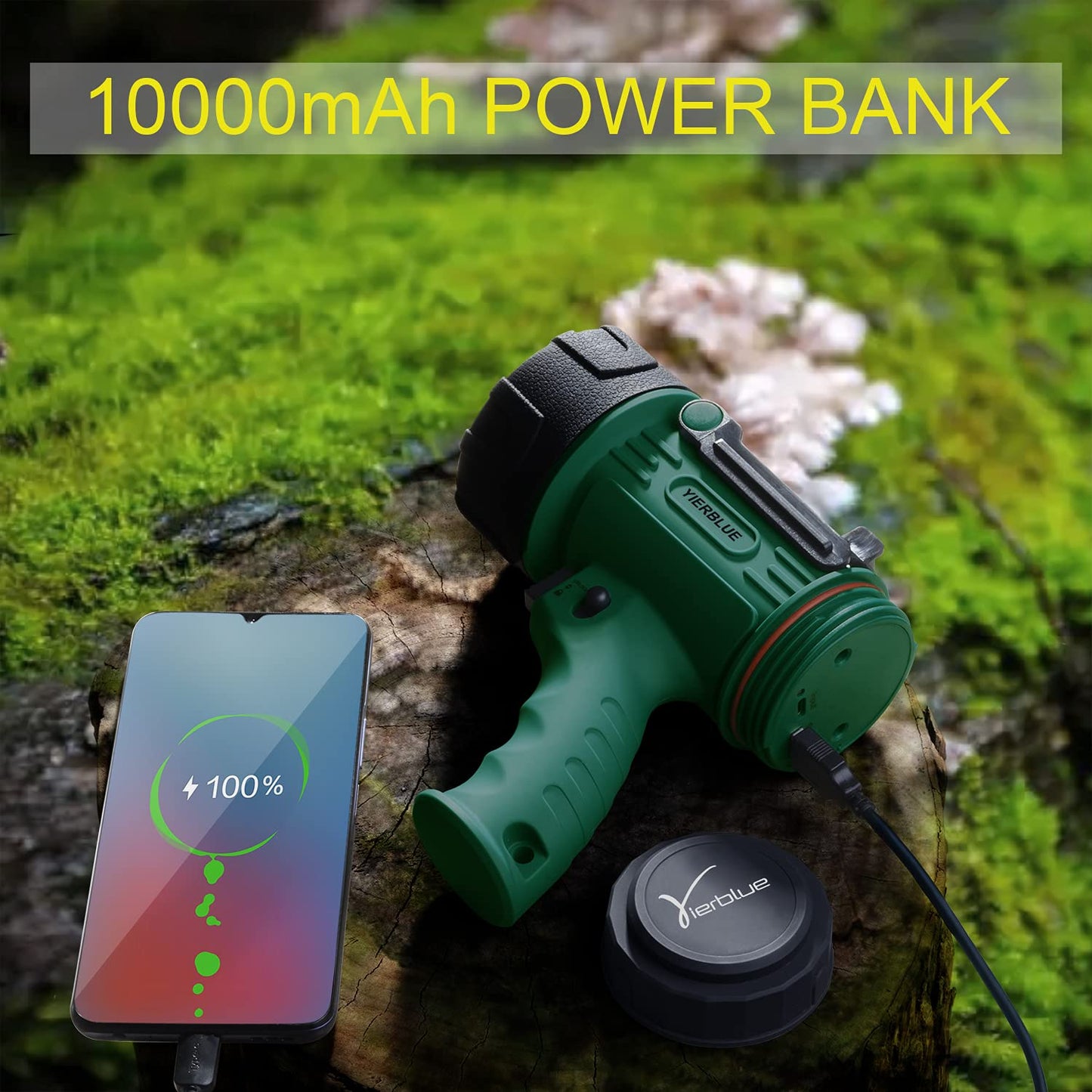 YIERBLUE Rechargeable Spotlight Flashlight 100000 High Lumen LED 20Hrs Runtime 10000mAh Power Bank IP67 Waterproof Green-L Model F-010