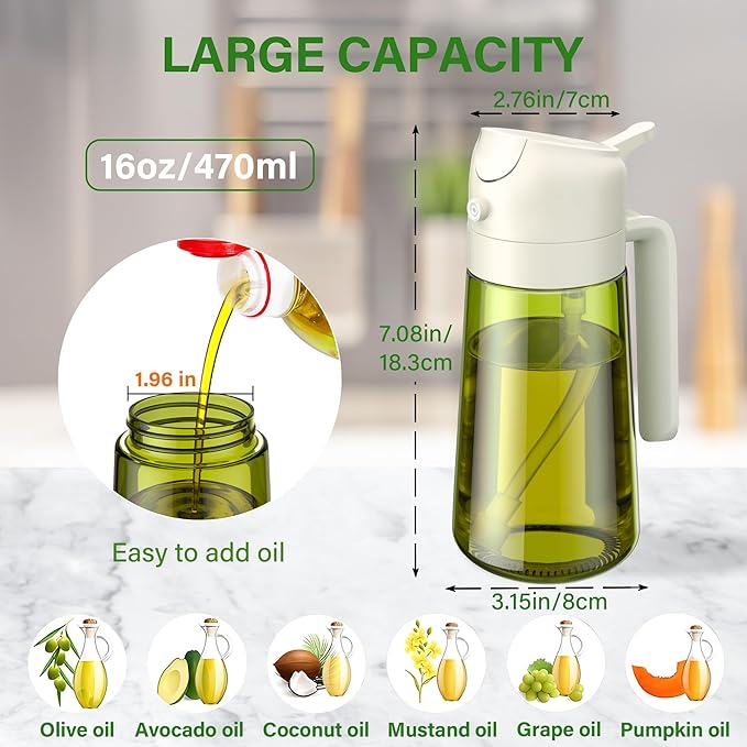 Vakoo 2 in 1 Oil Sprayer and Oil Dispenser for Kitchen - 16oz/470ml Light-Blocking Dark Glass Olive Oil Spray Bottle for Cooking, Air Fryer, Salad & BBQ (Green&White)