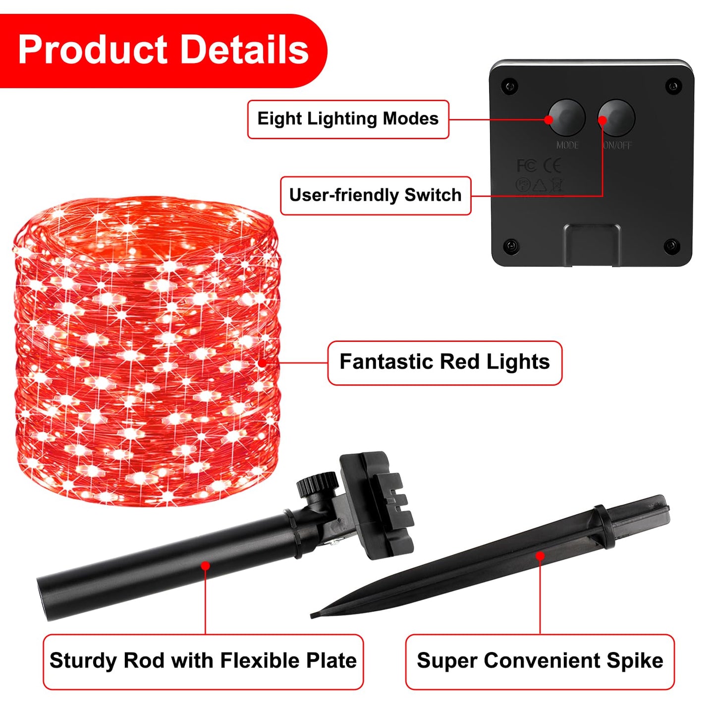 Brightever Outdoor Solar String Lights Waterproof  2-Pack Total 80Ft 200Led Solar Fairy Lights For Outside With 8 Lighting Modes  Solar Twinkle Lights For Yard  Christmas  Party (Red)
