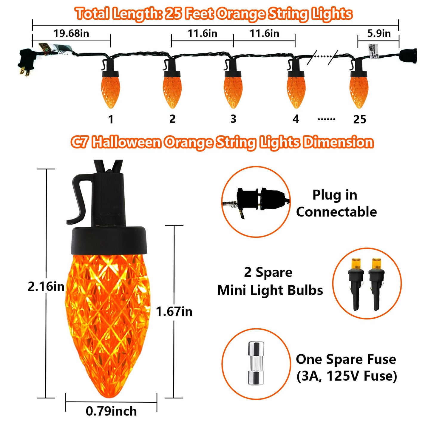 Fonusty 25Ft Orange Halloween String Lights Outdoor  C7 Strawberry Christmas Light With 25 Led Shatterproof Orange Lights  Plug In Fall Light For Halloween Patio Xmas Autumn Thanksgiving Decorations