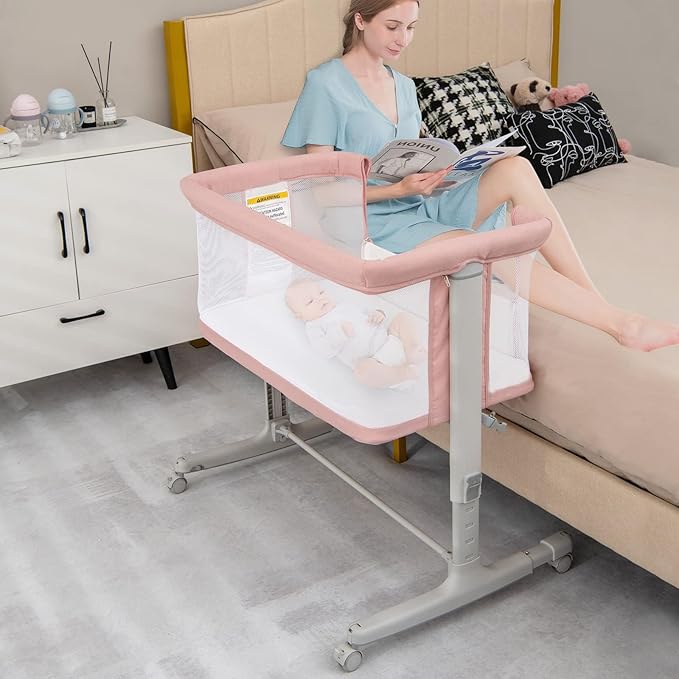 INFANS 3 in 1 Baby Bassinet, Bedside Sleeper for Newborn, Folding Crib with Mattress, Travel Bag, Wheels, 4-Sided Mesh, Easy to Assemble Cradle Co Sleeper Stationary, Rock (Pink)