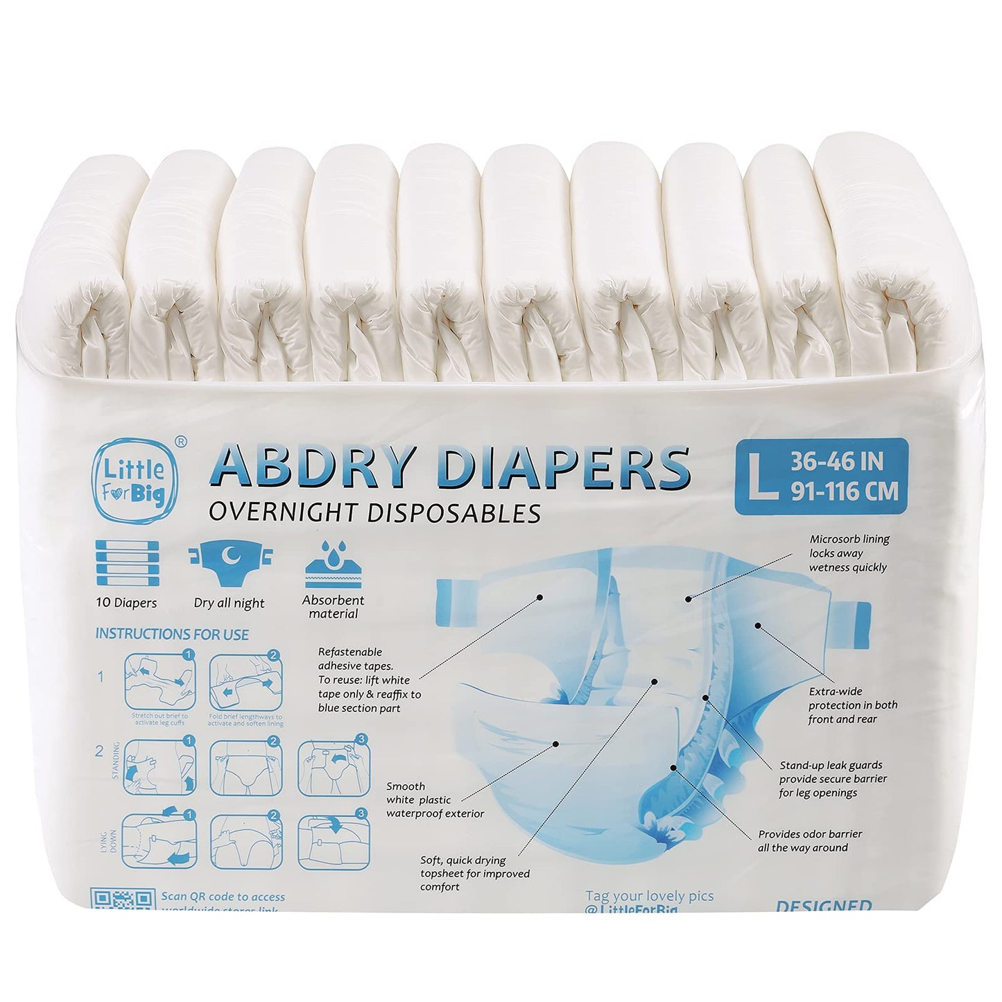 Littleforbig Adult Diaper 10 Pieces - ABDry New White Diapers (Large 36"-46")