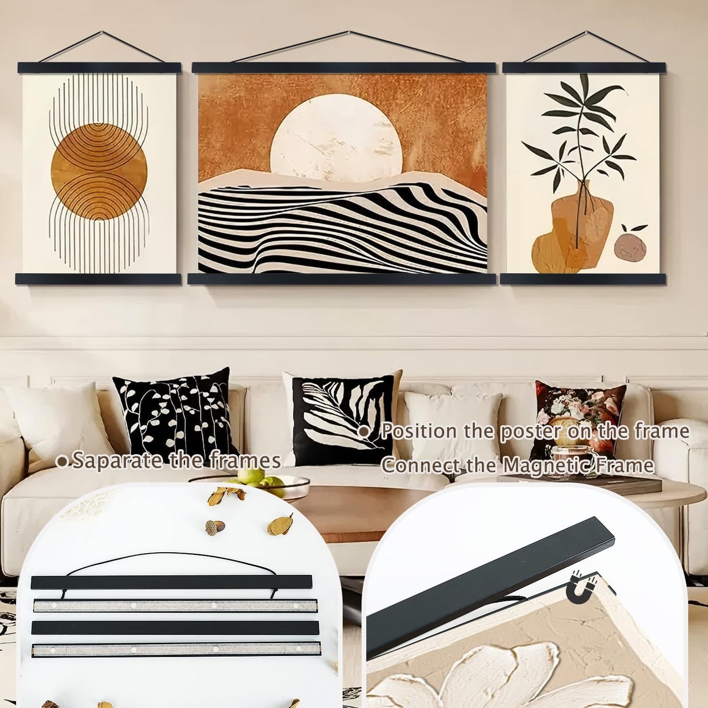 Artmag Magnetic Poster Hanger Frame, 21x29 21x18 21x15 Light Wood Wooden Magnet Canvas Artwork Print Poster Hangers Frames Hanging Kit (Black, 21")