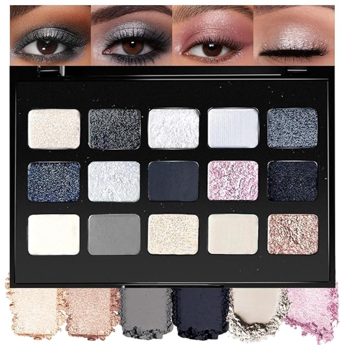 SUAKE 15 Colors Matte Shimmer Pearlescent Eyeshadow Palette for Eye Makeup,High Pigmented Smoky Dark Punk Metal Eye Shadow Primers Powder, Flashing sombras de ojos for Cosplay - Black Gold Blue Brown