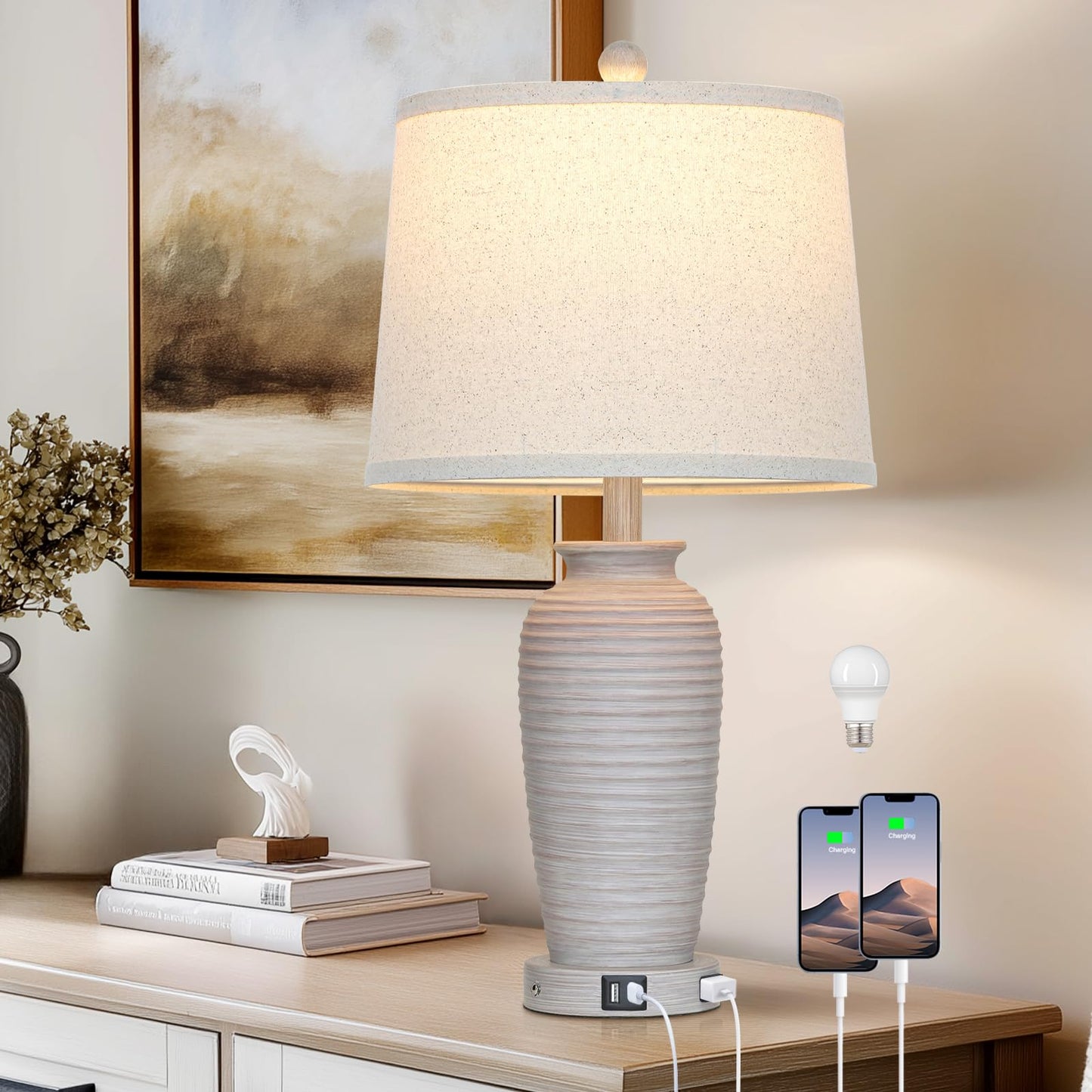 CINSARY 25in Vintage Farmhouse Table Lamp with USB Ports & AC Outlet, Grey White, Resin, Model TD-CS-328-1PK