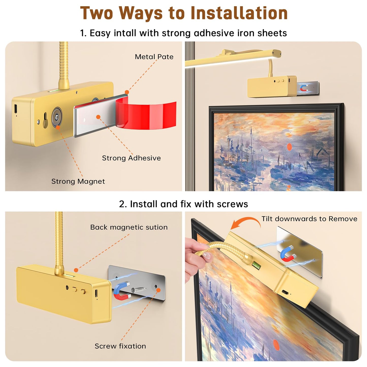 Picture Light, 15.35inch Wireless Picture Lights for Wall Rechargeable, 5400mAh Battery Wall Light with Remote, 3 Color Art Lighting for Paintings with Timer and Dimmable for Display, Gallery (Gold)