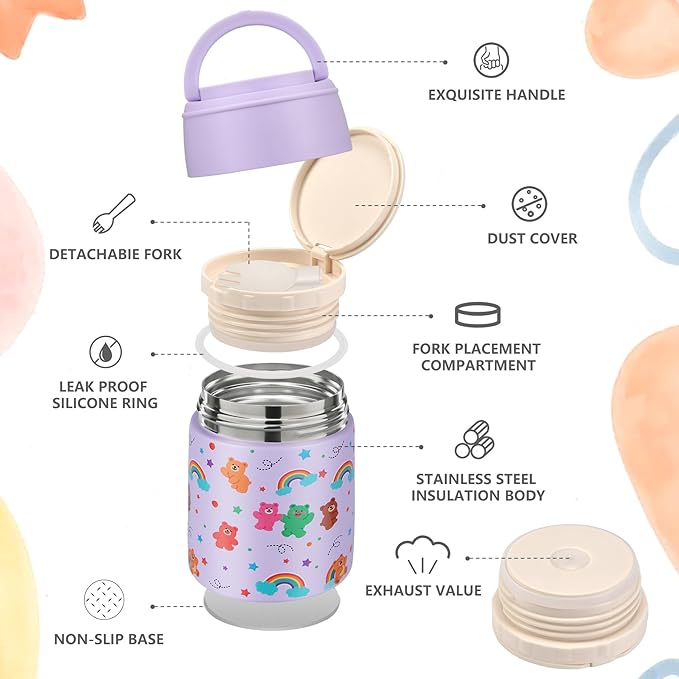 10oz Soup Thermo for Hot Food Kids Insulated Food Jar Container with Spoon Width Mouth Stainless Steel Leak Proof Thermo Lunch Box for School Travel
