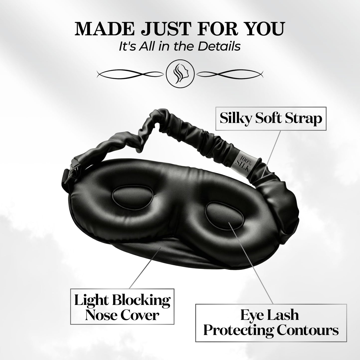 SLEEP SANCTUARY 100% Pure Mulberry Silk Sleep Mask - 22 Momme Light Blocking 3D Contour Silk Eye Mask for Sleeping - Secure Fit for Side Sleepers, Women & Men - Cloud Soft (Black)