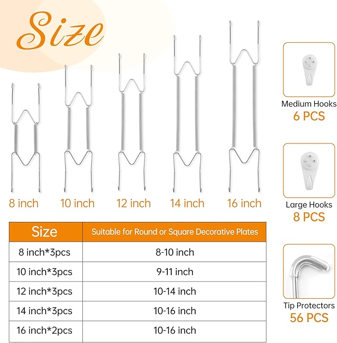 Bilillo 14 Pcs Plate Hangers for Wall - 8/10/12/14/16 Inch Invisible Plates Hanger, Stainless Steel Plate Holders with 14 Pieces Wall Hooks for 7.5 to 19.5 Inch Decorative Plates and Arts (Silver)