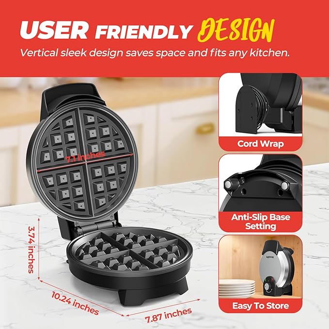 Waffle Maker, Round Classic Belgian Waffle Iron, Adjustable Browning Control, Easy-Clean Nonstick Plates & Cool Touch Handle, Space Saving Storage, Stainless Steel