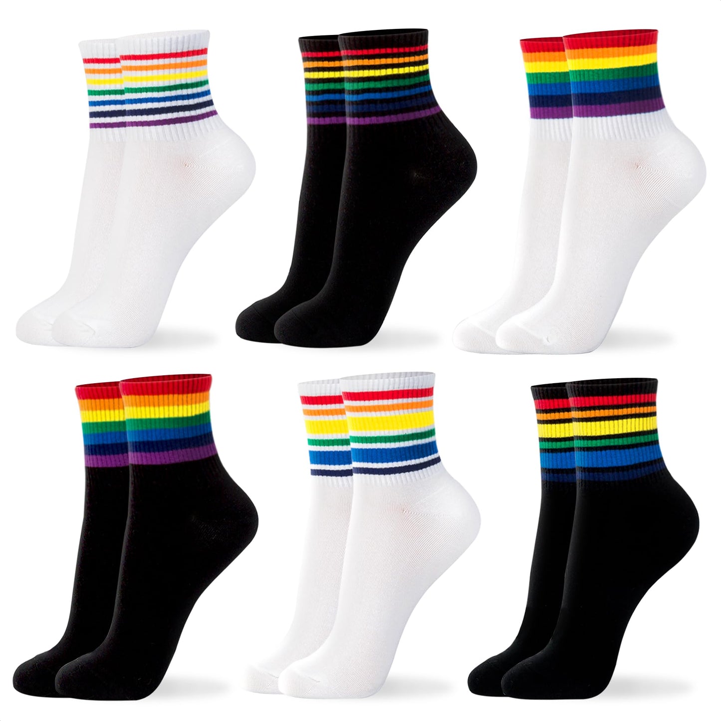 kikiya socks Women Pattern Crew | 6 Pairs Black White Rainbow Tube Pride Color Striped Print Mid Calf Design Daily Trouser Boot Cotton Socks | Womens Ladies Girls Gift | Rainbow Tube