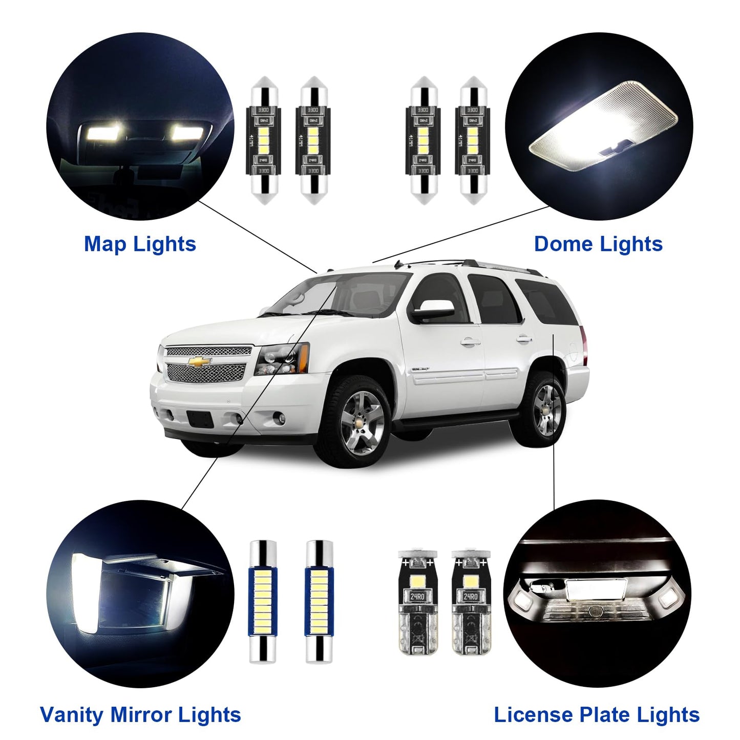 15Pcs Car Interior Lights: Super Bright Bulbs 6000K White Led For 2007 2008 2009 2010 2011 2012 2013 2014 Chevy Tahoe/Suburban Lighting Package Kit Includes Light Accessories + Install Tool