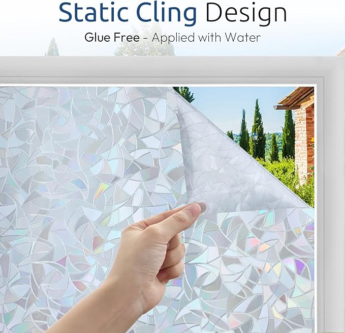 rabbitgoo Window Privacy Film Rainbow Film Decorative Window Sticker, 3D Static Stained Glass Cling Tint for Home Heat Control Non-Adhesive, Grayish Silver, 17.5 x 157.4 inches