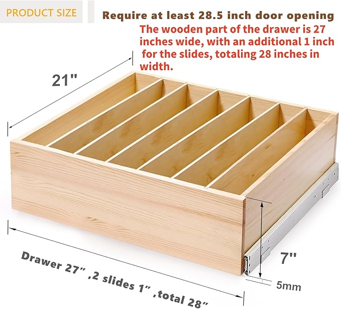 Pull Out Cabinet Organizer with Divider, 28''W×21''D×7''H Soft Close Wood Drawer for Kitchen Pantry, Finished, Heavy-Duty, Bottom Assembly (Wood Drawer Part Width is 27'')