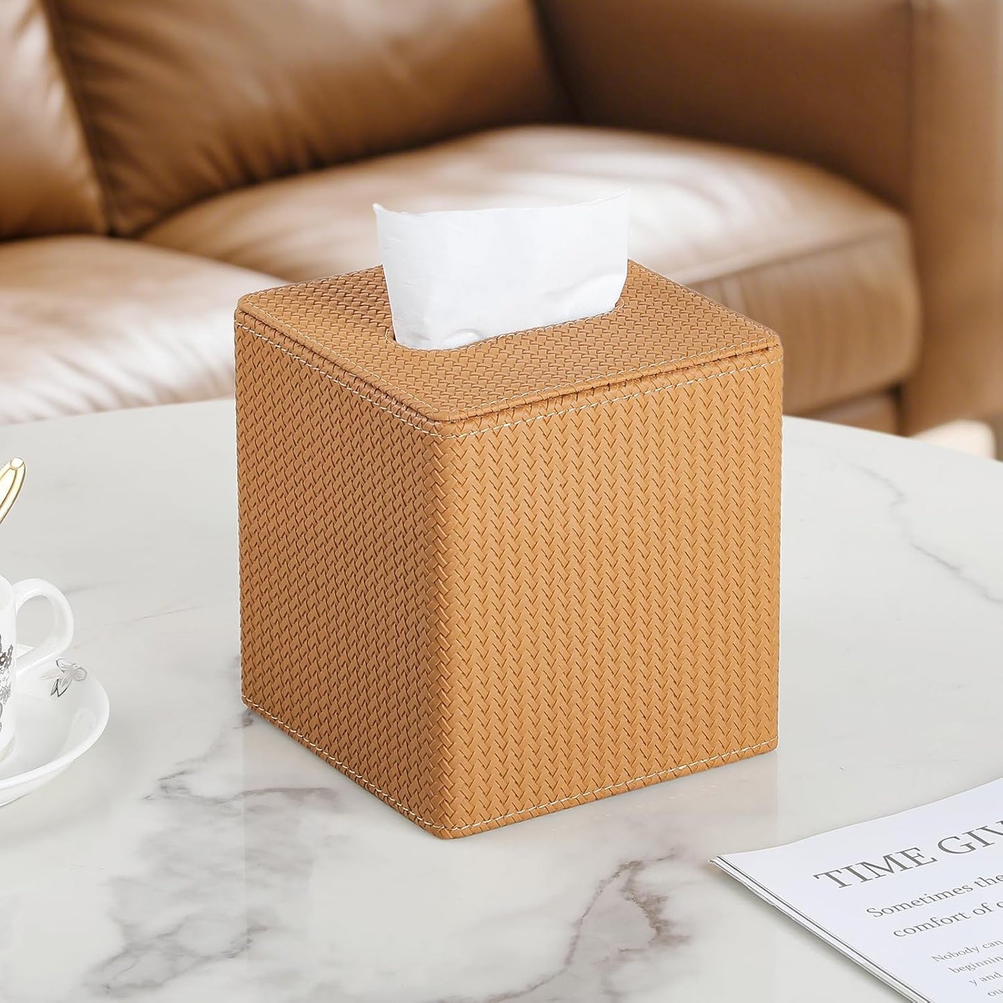 PU Leather Tissue Box Cover with Magnetic Closure, Modern Square Tissue Box Holder Decorative Organizer for Bathroom Vanity Countertop, Night Stands Bedroom Office Desk (Woven Camel)