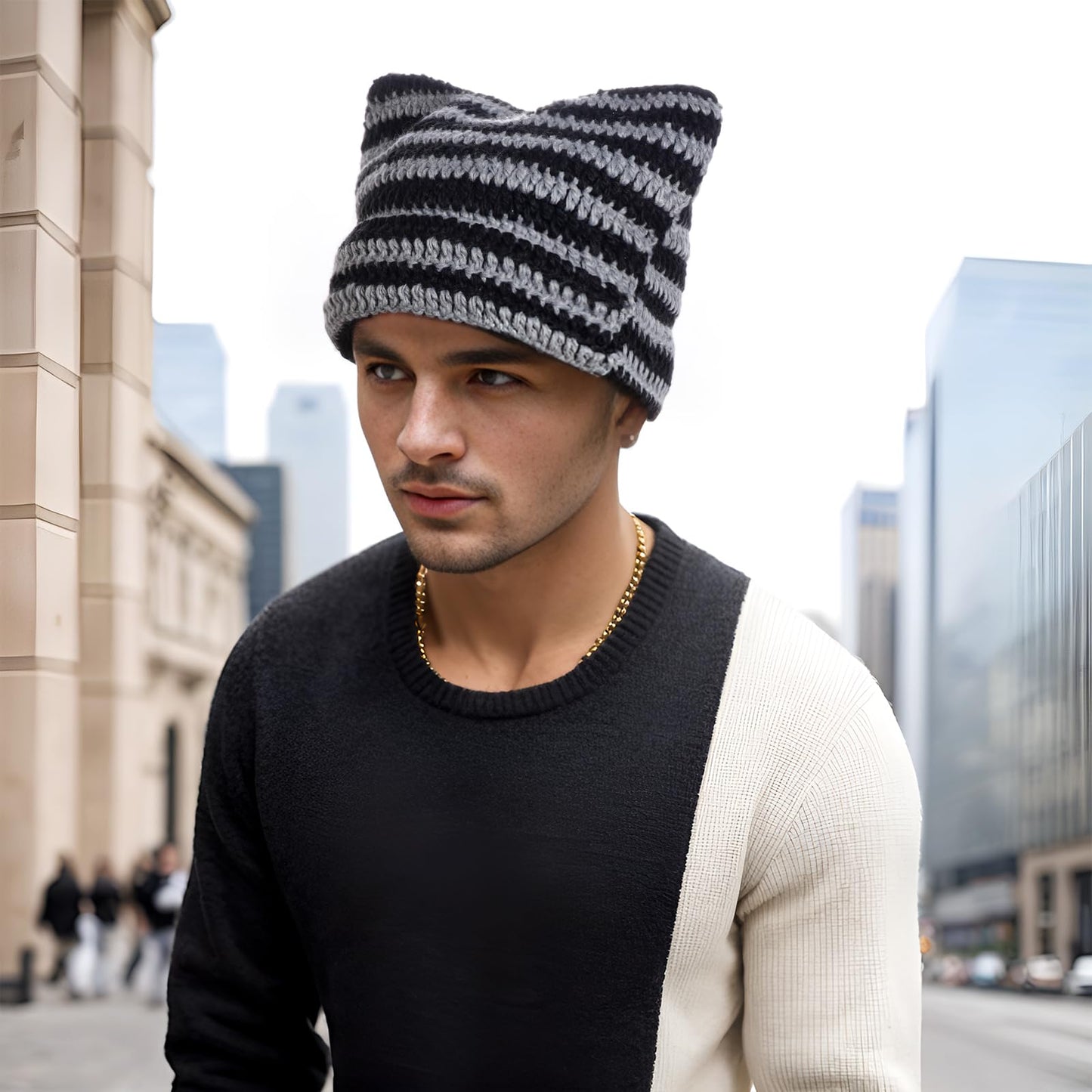 hoyuwak Crochet Cat Ear Beanie Hat Stripes Goth Knit Striped Winter Warm Cap for Men Women Festival Holiday Christmas (US, Alpha, One Size, Black and Gray Stripes)