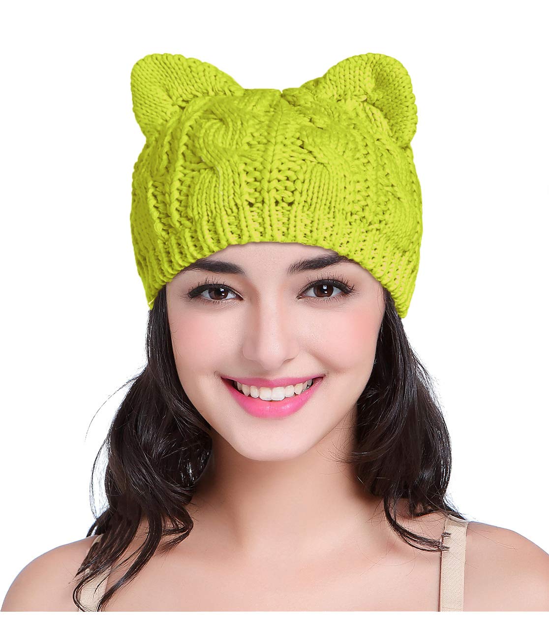 v28 Women Men Girls Boys Teens Cute Cat Ear Knit Cable Rib Hat Cap Beanie (Citron)