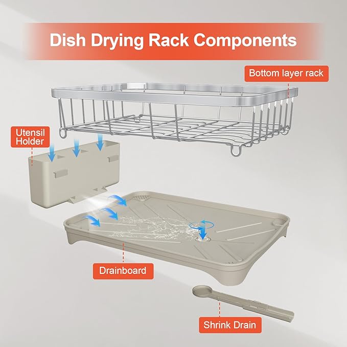 Dish Drying Rack - 304 Stainless Steel Dish Rack with Utensil Holder & Adjustable Spout, Space-Saving Organizer, Large Capacity for Bowls, Dish Drainer with Drainboard, Grey