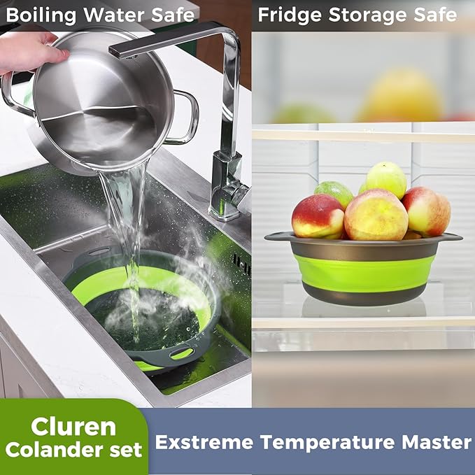 Collapsible Colander Set with Universal Draining Tray | 3-Pack Foldable Kitchen Strainers + Base | Space Saving for Pasta, Veggies, Fruit & Rice | 5 Colors (Gray-Green)