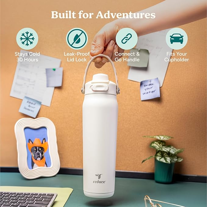 REDUCE Aura Vacuum Insulated 26 oz Water Bottle - Leak-Proof & Chug Spout for Quick Hydration - Keeps Drinks Cold for 30 Hours - Removable Handle for Travel or Gym - Soft Sit Base - Unbleached
