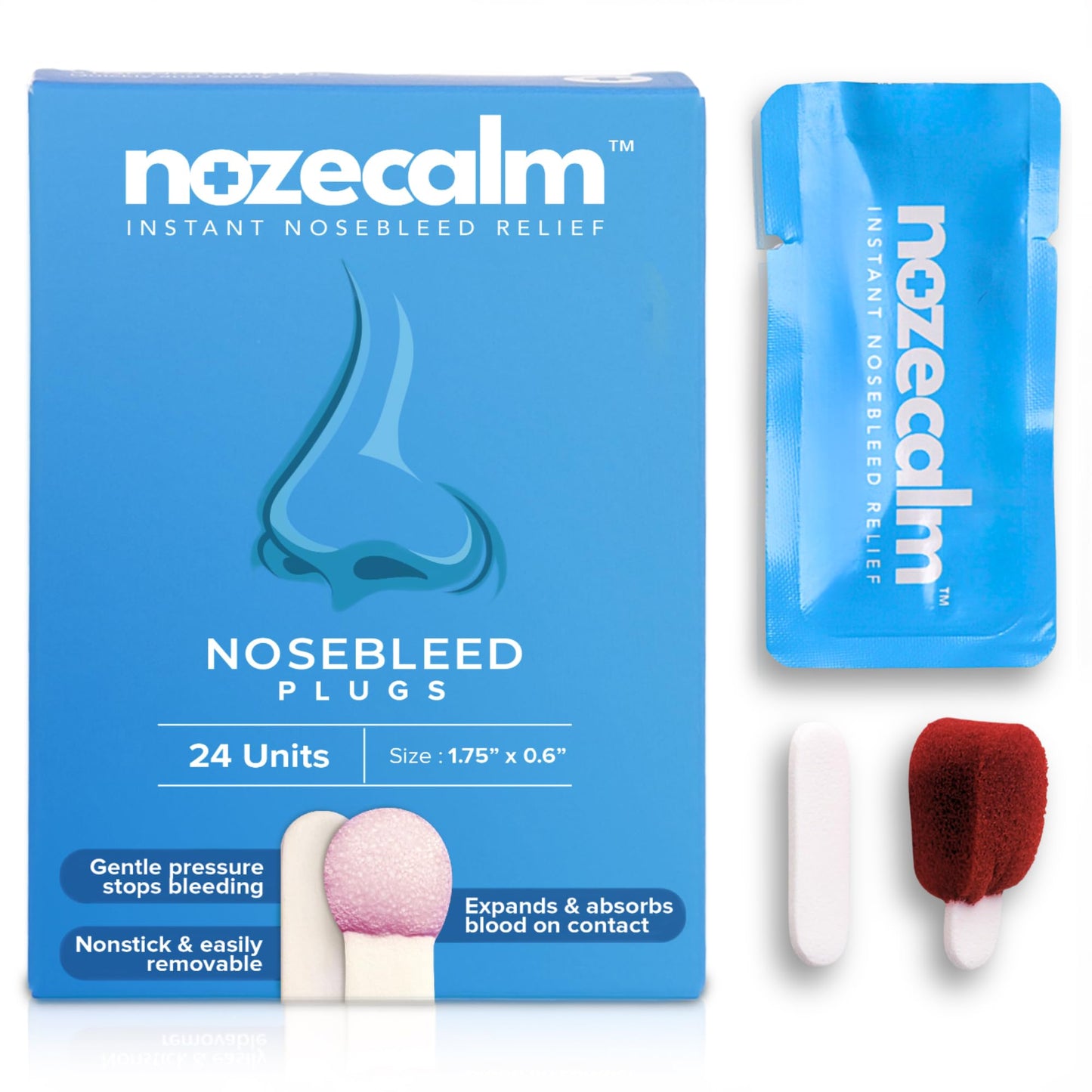 NozeCalm Nose Bleed Stopper - Nasal Plugs for Kids, Adults & Seniors, Instant-Acting Non-Stick Plugs - Disposable Zero-Chemical Bloody Nose Solution for Emergency Supplies & Travel - 24 Counts