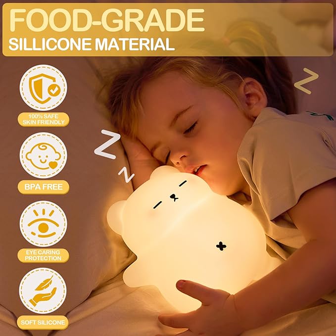 Snoring White Bear Night Light, Rechargeable Squishy Lamp - Silicone Nursery LED Animal Dimmanble Touch Nightlight - Bedroom Cute Funny Birthday Christmas Gifts for Kids, Boy, Girls