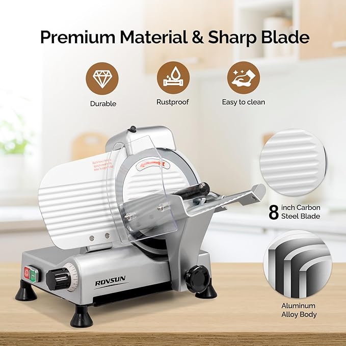 ROVUN Commercial Meat Slicer, 8 inch Electric Food Slicer, 210W Frozen Meat Deli Cheese Food Slicer with Upgraded Carbon Steel Blade, Adjustable Thickness(0-13mm), Low Noise for Home and Commercial