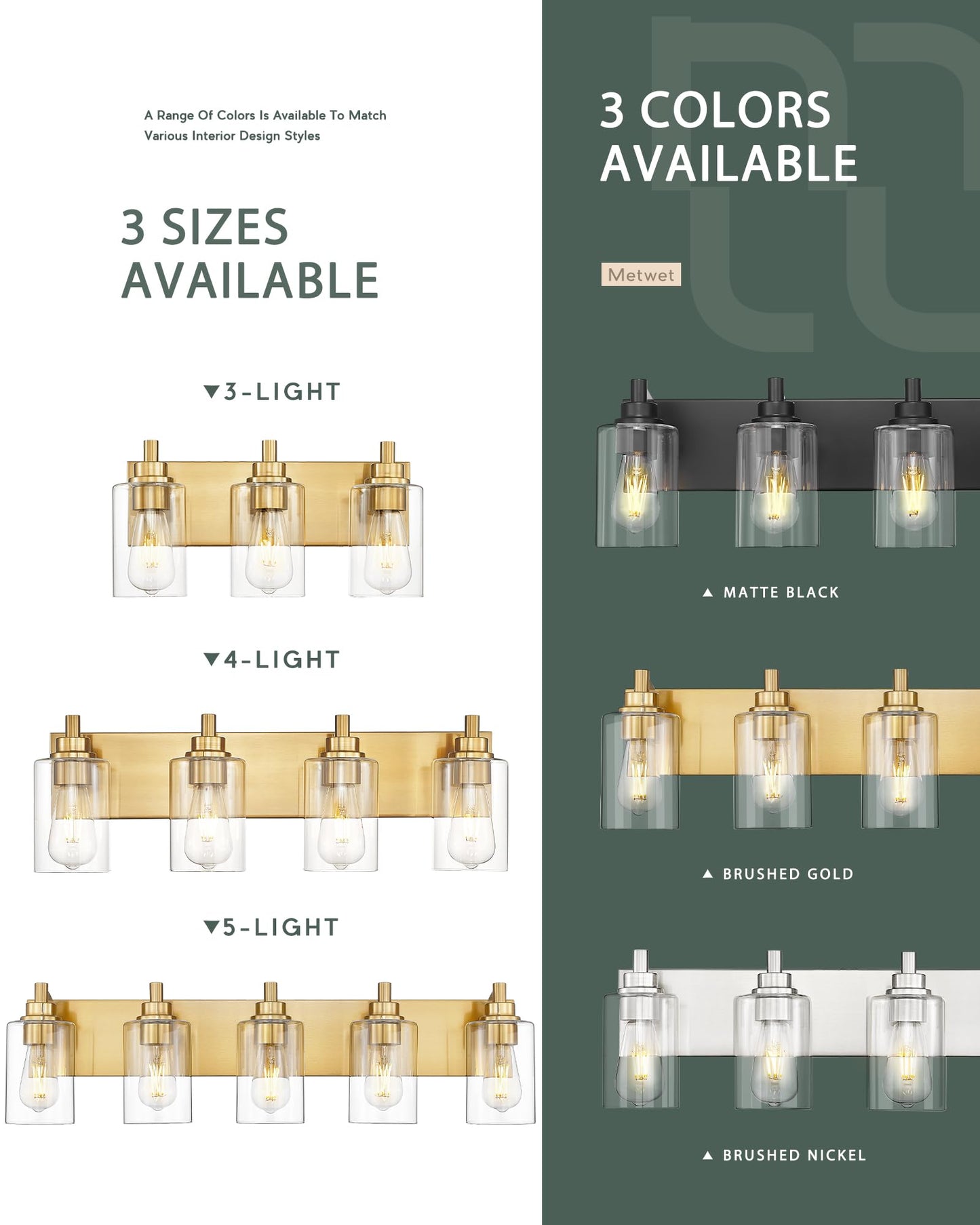 Metwet 3-Light Brushed Gold Bathroom Light Fixture, Modern Metal Vanity Lighting With Clear Glass Shade, Model Vl143-Bg-3