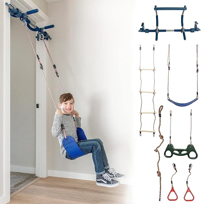 Gym1 6-Piece Doorway Gym Indoor Playground - 6-Piece, Blue - Indoor Playset with Sensory Swing, Pull-Up Bar & Rings, Trape...