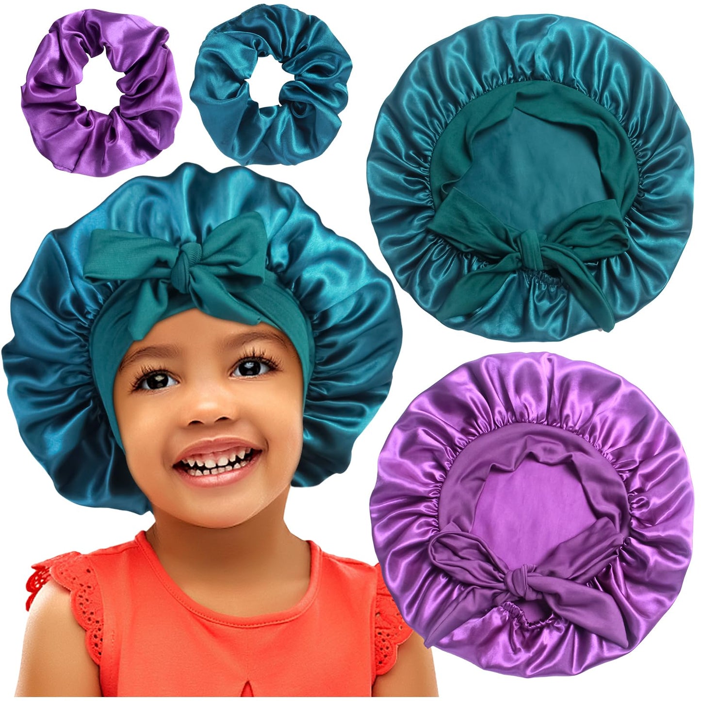 2+2 Satin Bonnets with Scrunchies for Kids, Cute Hair Bonnets for Girls Sleeping Curly Hair, B