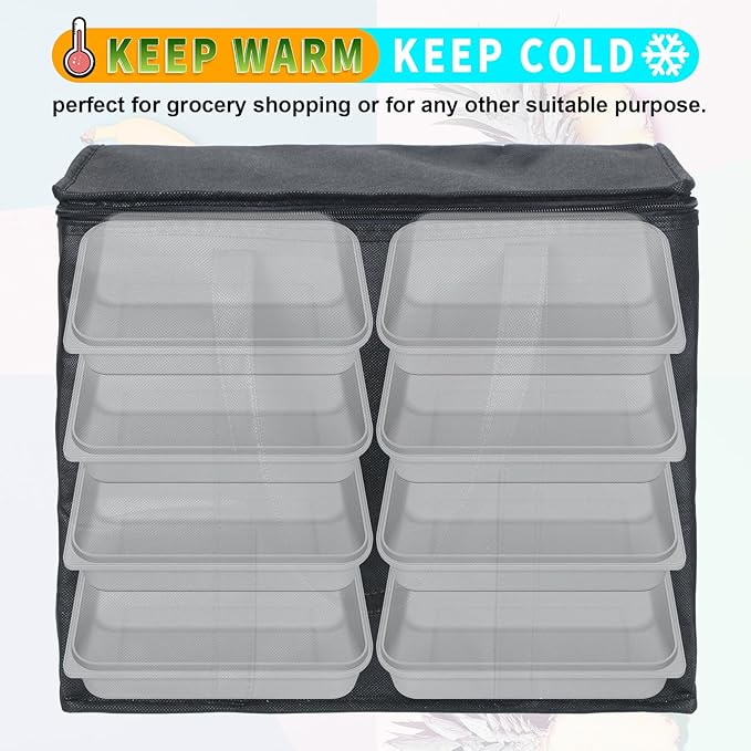 Kenning 8 Pcs Large Insulated Reusable Grocery Bags with Sturdy Zipper and Handles Foldable Washable Cooler Totes Heavy Duty Hot or Cold Food Delivery Bag for Food Transport Travel Lunch (Black)