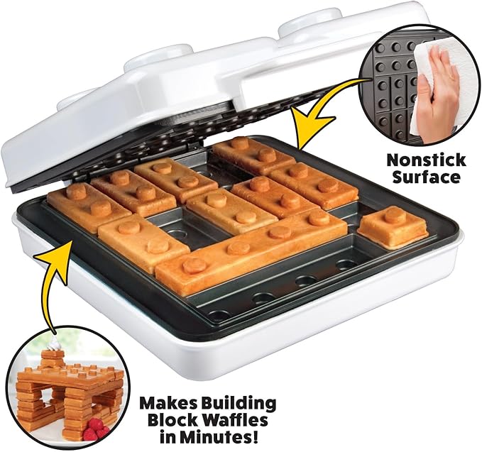 Building Brick Electric Waffle Maker- Cook Fun Buildable Holiday Waffles, Pancakes- Make Gingerbread Man Houses & Cars Out of Stackable Waffles- Bite Sized for Kids, Nonstick Iron w Recipes Xmas Gift