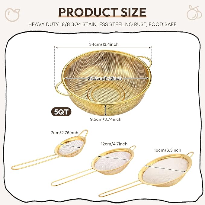 Baderke 5 Quart Stainless Steel Gold Colander and 3 Pcs Fine Mesh Strainer with Handles Gold Kitchen Accessories for Kitchen Draining Rinsing Serving Food Pasta Rice Vegetables
