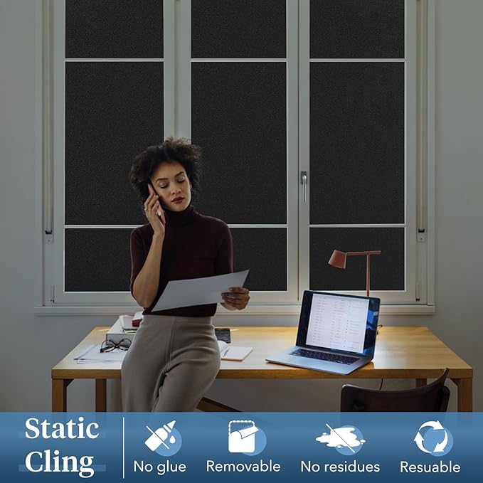 Haton Blackout Window Film, Frosted Privacy Cover for Glass, Sun Light Blocking Black Out Window Tint, Static Cling Room Darkening Heat Control Shades for Home Day and Night, Black 17.5" x 78.7"