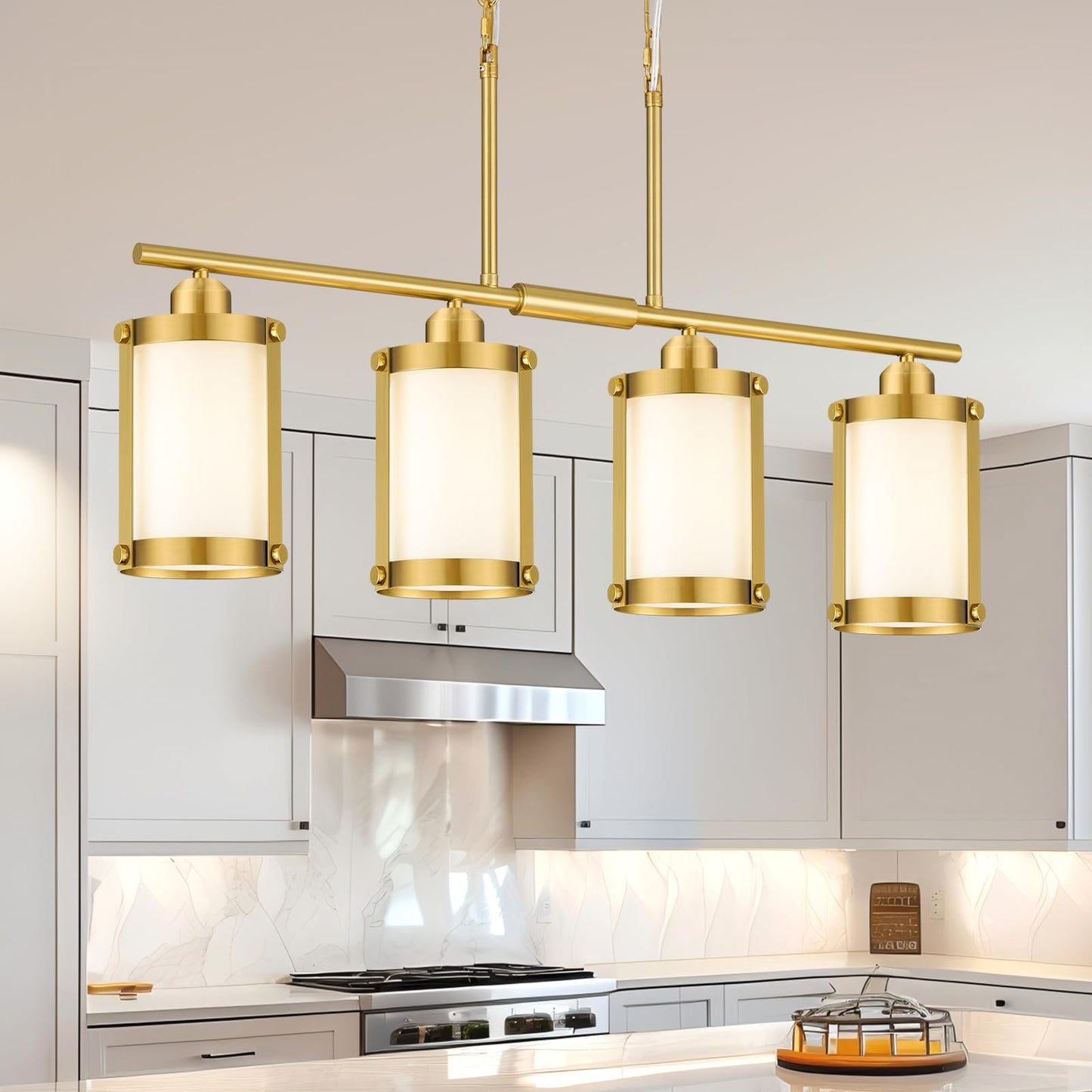 Osimir 4-Light Kitchen Island Lighting  Brushed Gold Linear Dining Room Light Fixtures With Frosted Glass  Modern Mid Century Chandelier Pendant Light For Kitchen Island Dining Room  Os-3014-4Isbgw