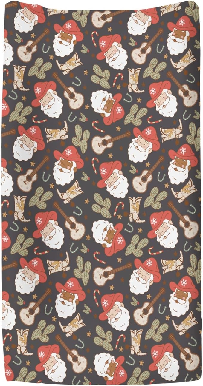 Christmas Western Cowboy Santa Baby Changing Pad Covers for Boy Girl Country Santa Cactus Boots Guitar Fitted Changing Table Mats Winter Holiday Festive Soft Diaper Change Table Sheets 32''×16''