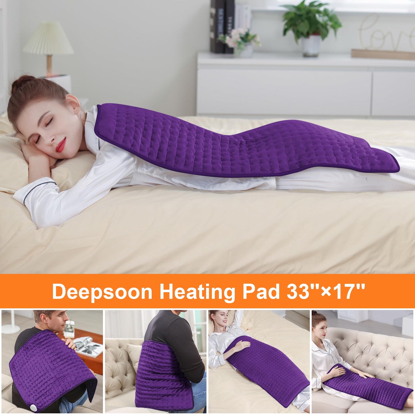 Deepsoon Heating Pad,Electric Heating Pads for Back,Neck,Abdomen,Moist Heating Pad for Shoulder,Knee,Arms,Legs,Dry/Moist Heat & Auto Shut Off,Christmas Gifts for Men and Women,Dark Purple,33x17 Inch
