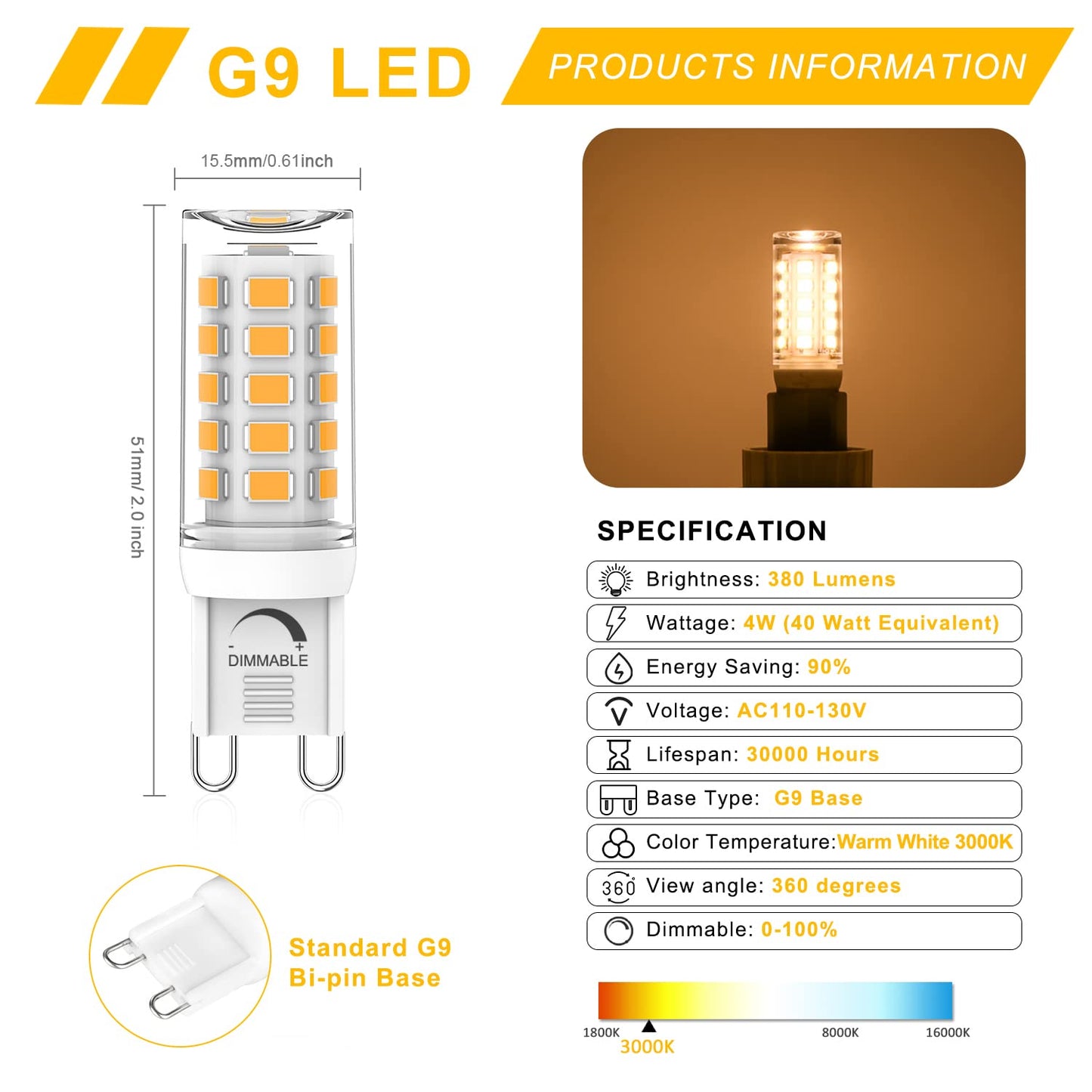 YUIIP G9 LED Bulb Dimmable 4W, 40W Halogen Equivalent, 3000K Warm White, Pack of 10