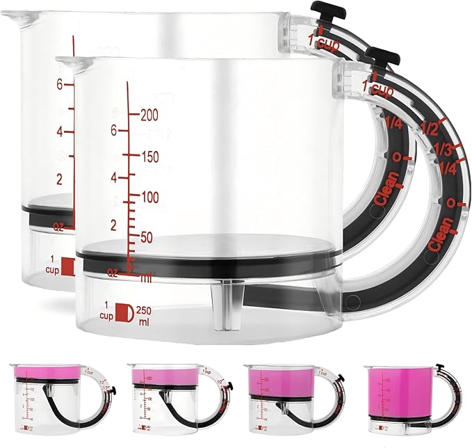4-in-1 Adjustable Measuring Cup, Adjustable Base Kitchen Measuring Cup, Push-In Measurings Cups with Oz/Ml Dual Markings, Multi Measurings Cube Cups for Cooking and Baking (2PCS)