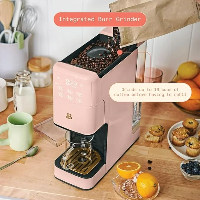 Beautiful Perfect Grind Programmable Single Serve Coffee Maker with Touch-activated Display, Programmable and Integrated Burr Grinder, 64oz Water Reservoir (Rose)